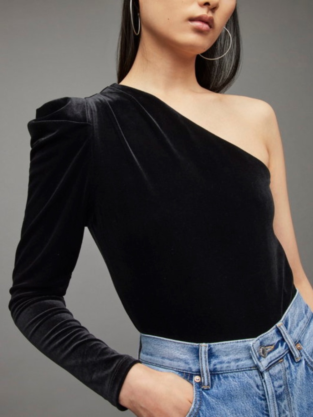 NWT AllSaints Daphne Velvet One Shoulder Puff Sleeve Bodysuit, Black, Sz US 6